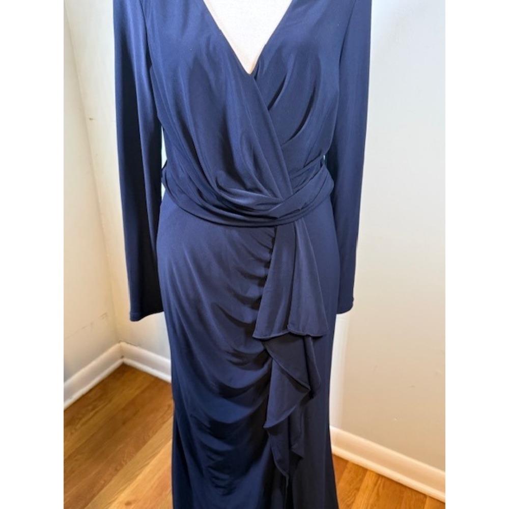 Betsy Adam Navy Faux Wrap Ruffle Formal Gown Size 8 Long Sleeve Floor - Picture 5 of 8